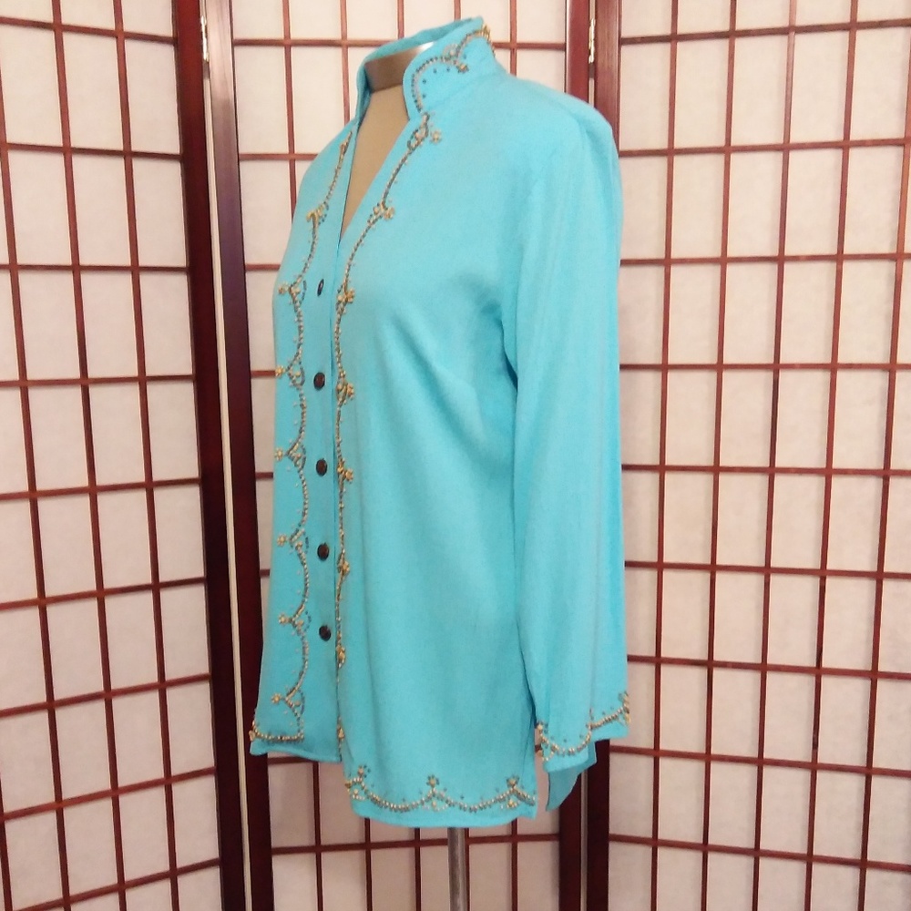 3/$15 CLOSET CLOSING TURQUOISE BEADED BLOUSE - Picture 2 of 7